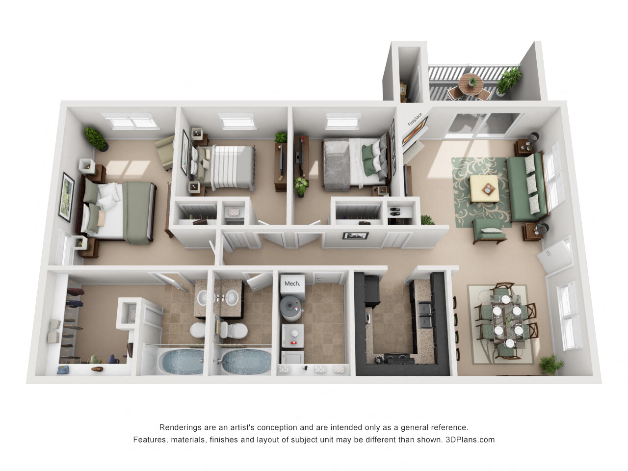 Floor plan for 3 beds, 2 baths, 1252 sqft